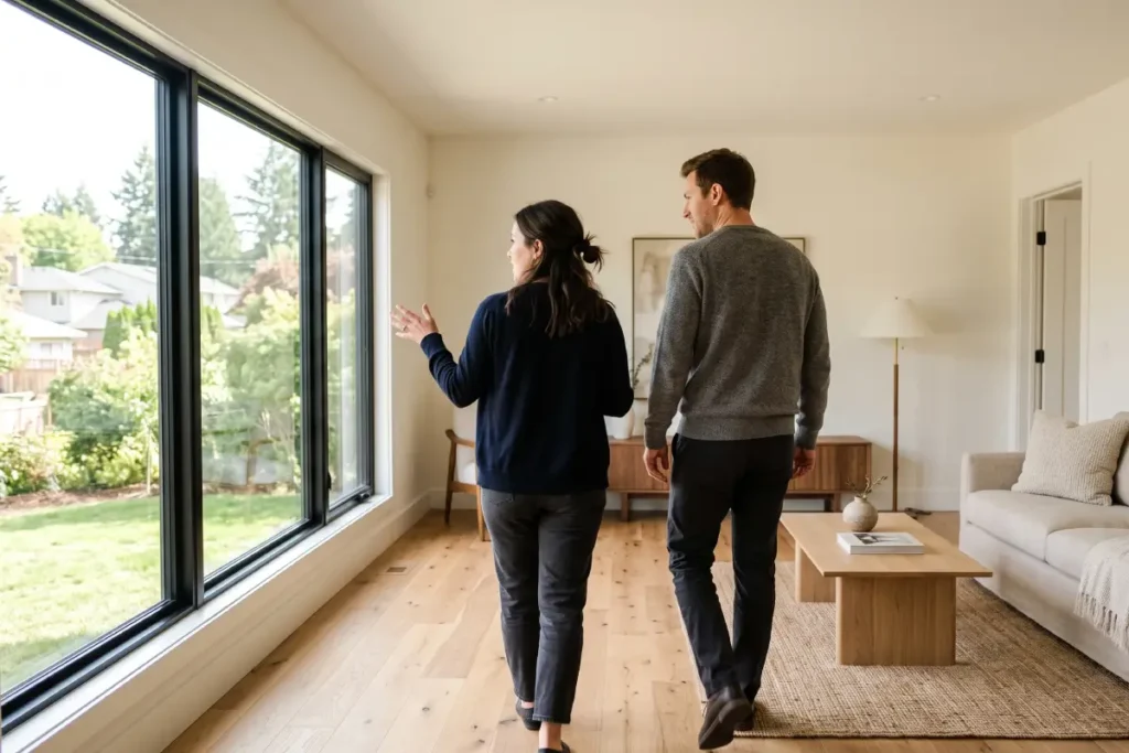 Buyers touring a move-in-ready home, which sells for a premium over fixer-uppers