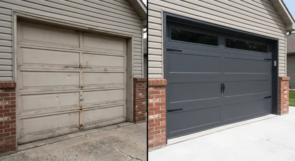 Before and after garage door replacement, the highest ROI pre-sale renovation project in 2025