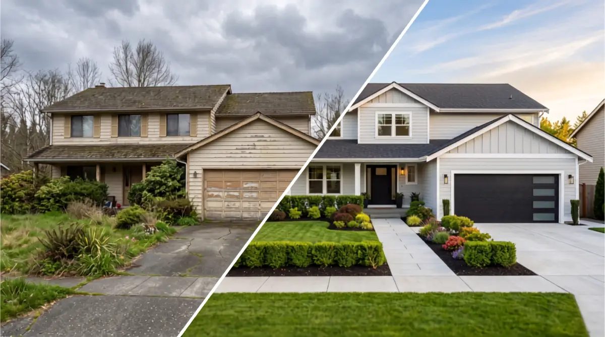 Before and after comparison of a house exterior showing renovation impact on home value